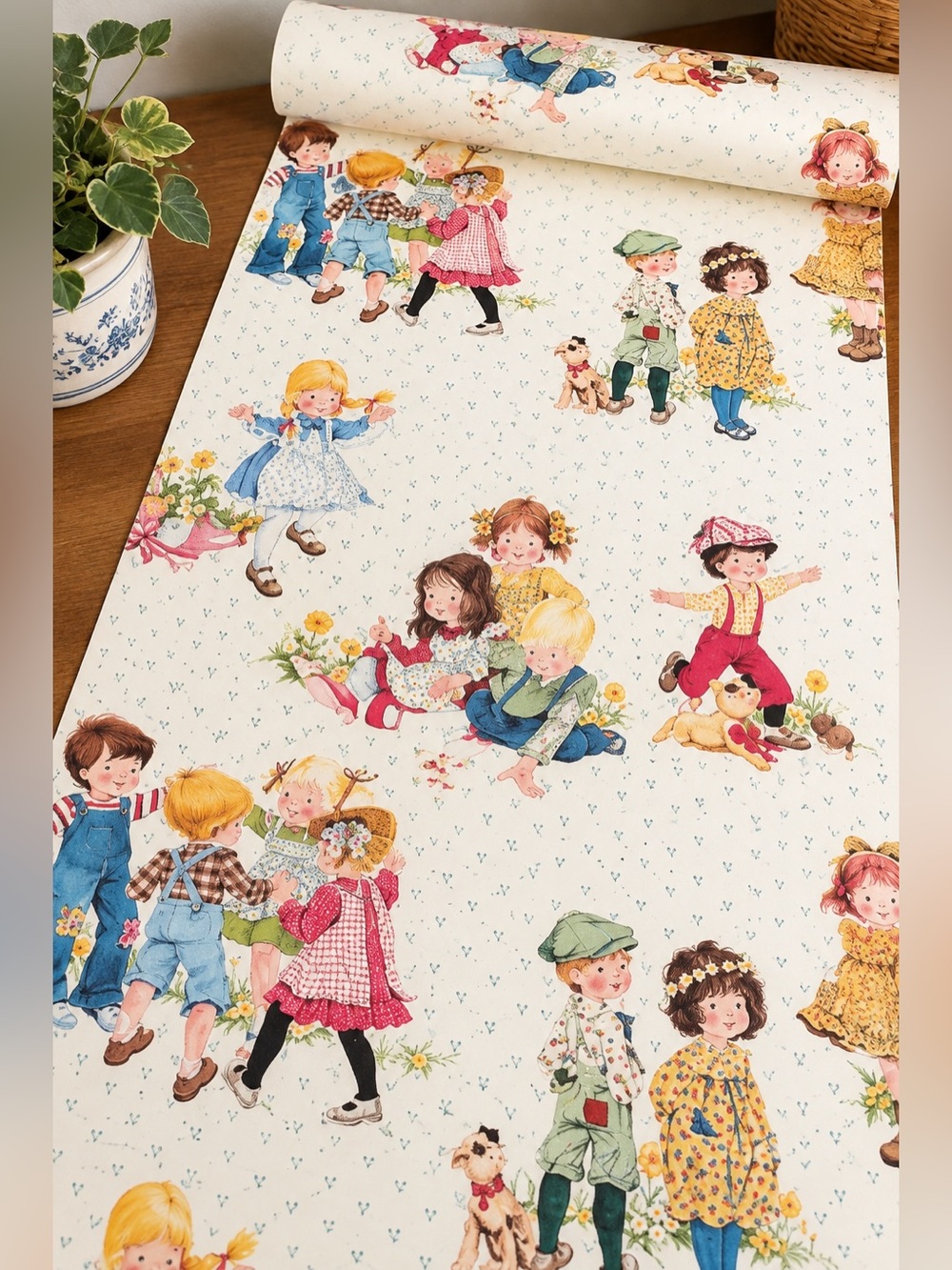 Vintage Children's wallpaper Roll with Playful Kids and Pets Design